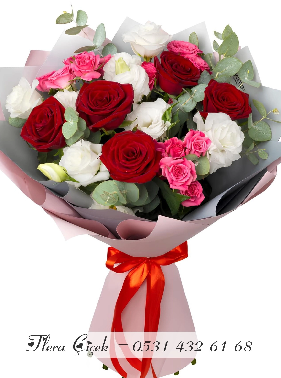 5 Kırmızı Ve Beyaz 3 Pembe Gül Buketi