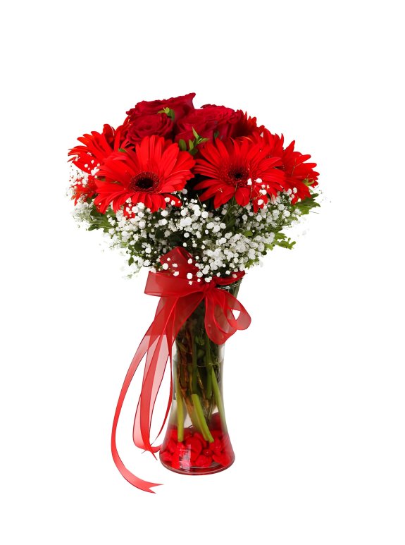 Vazoda Kırmızı Gerbera ve Güller